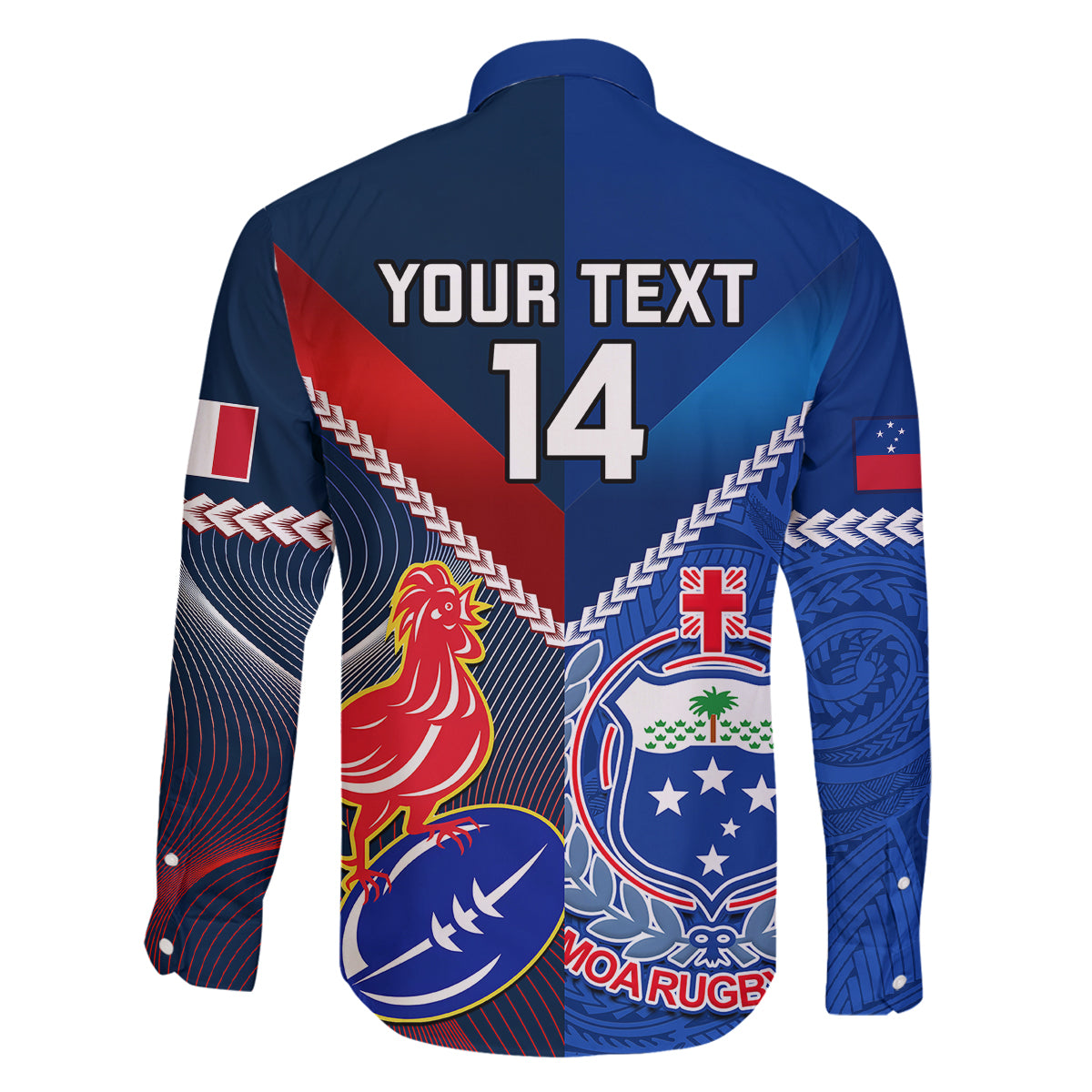 Custom Samoa And France Rugby Family Matching Off Shoulder Short Dress and Hawaiian Shirt 2023 World Cup Manu Samoa With Les Bleus LT14 - Polynesian Pride