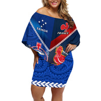 Custom Samoa And France Rugby Family Matching Off Shoulder Short Dress and Hawaiian Shirt 2023 World Cup Manu Samoa With Les Bleus LT14 Mom's Dress Blue - Polynesian Pride