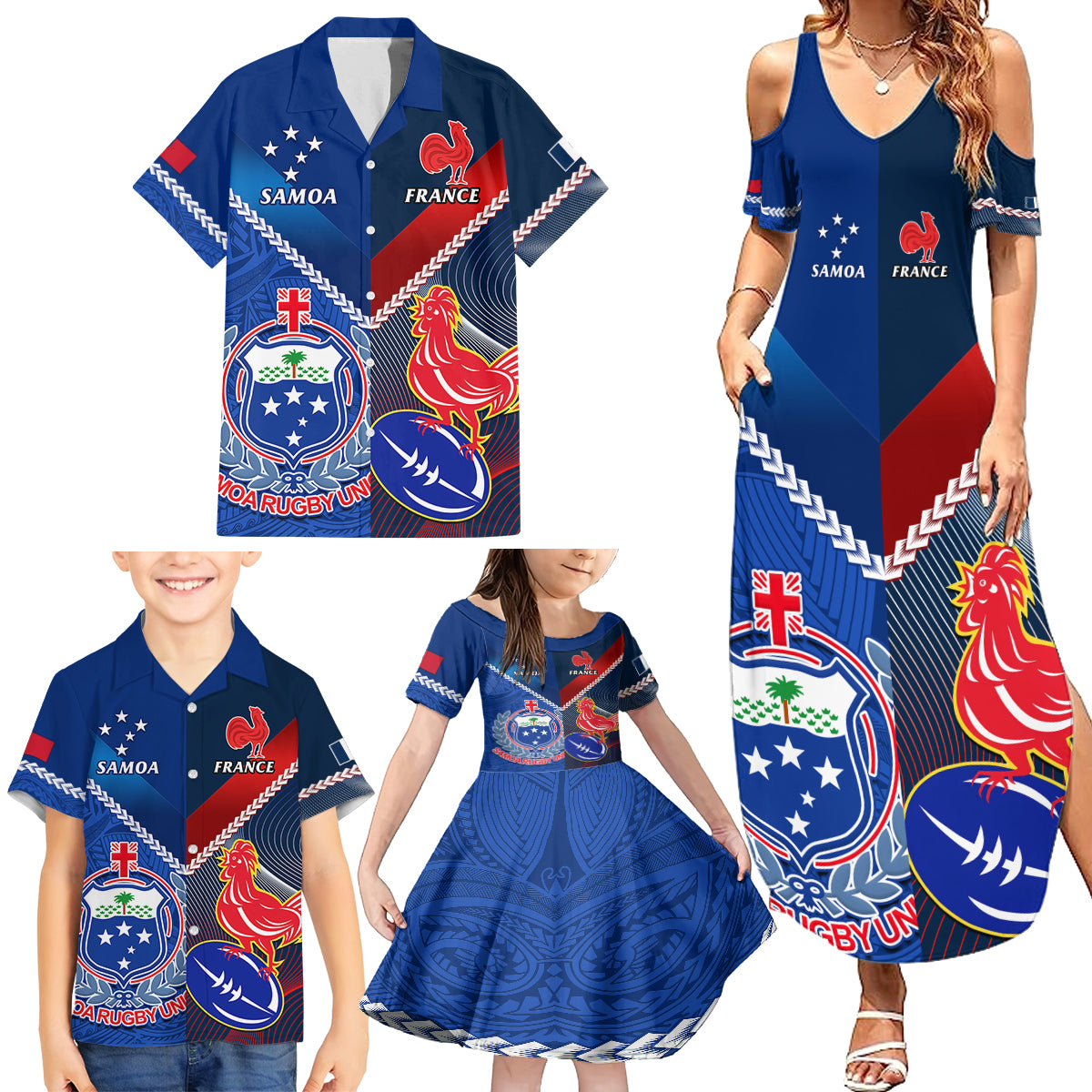 Custom Samoa And France Rugby Family Matching Summer Maxi Dress and Hawaiian Shirt 2023 World Cup Manu Samoa With Les Bleus LT14 - Polynesian Pride