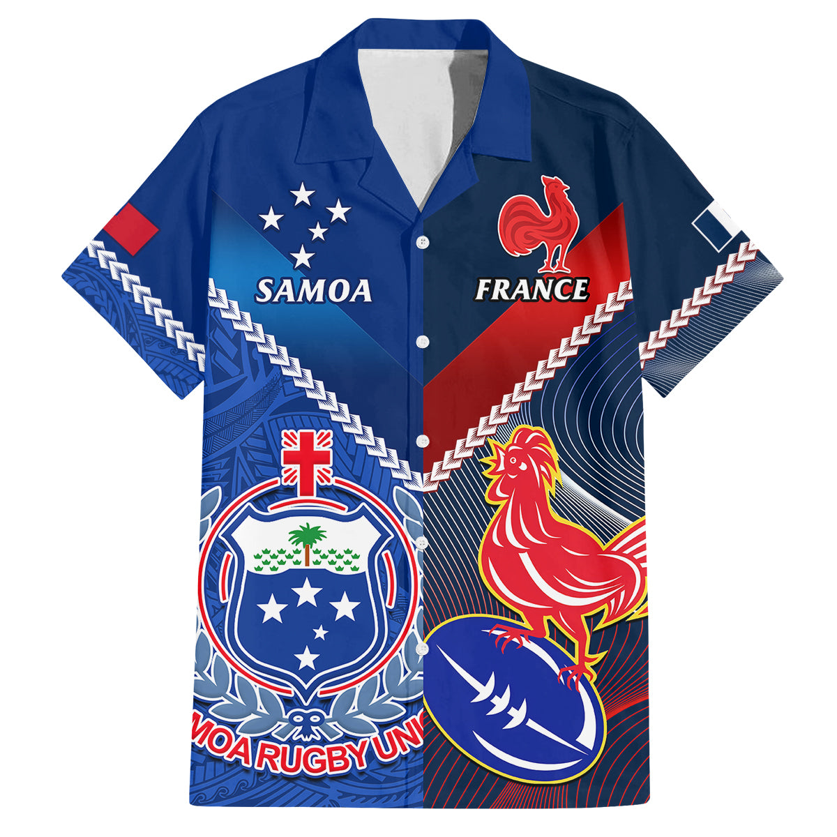 Custom Samoa And France Rugby Family Matching Summer Maxi Dress and Hawaiian Shirt 2023 World Cup Manu Samoa With Les Bleus LT14 Dad's Shirt - Short Sleeve Blue - Polynesian Pride