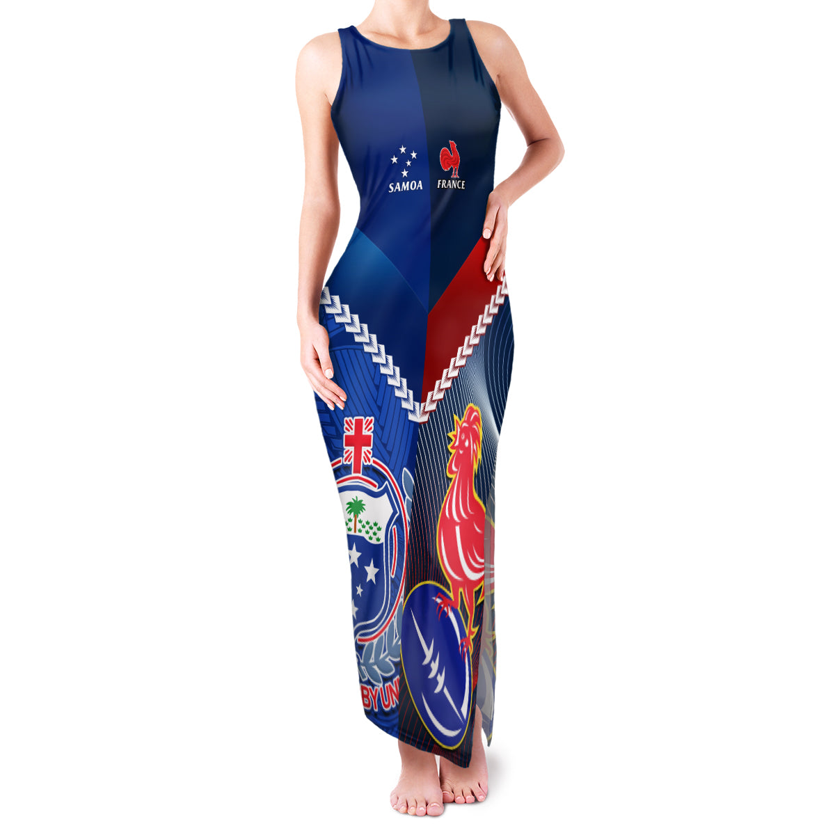 Custom Samoa And France Rugby Family Matching Tank Maxi Dress and Hawaiian Shirt 2023 World Cup Manu Samoa With Les Bleus LT14 Mom's Dress Blue - Polynesian Pride