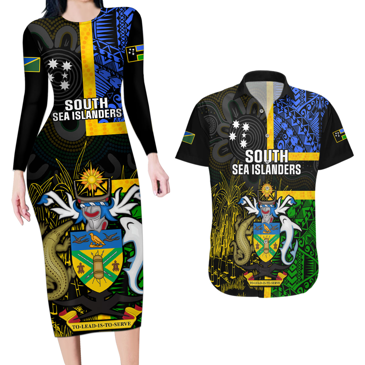 Personalised South Sea Islanders Couples Matching Long Sleeve Bodycon Dress and Hawaiian Shirt Kanakas With Solomon Islands Coat Of Arms LT14 Black - Polynesian Pride