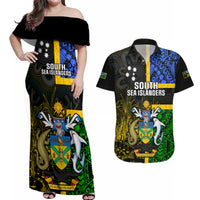 Personalised South Sea Islanders Couples Matching Off Shoulder Maxi Dress and Hawaiian Shirt Kanakas With Solomon Islands Coat Of Arms LT14 Black - Polynesian Pride