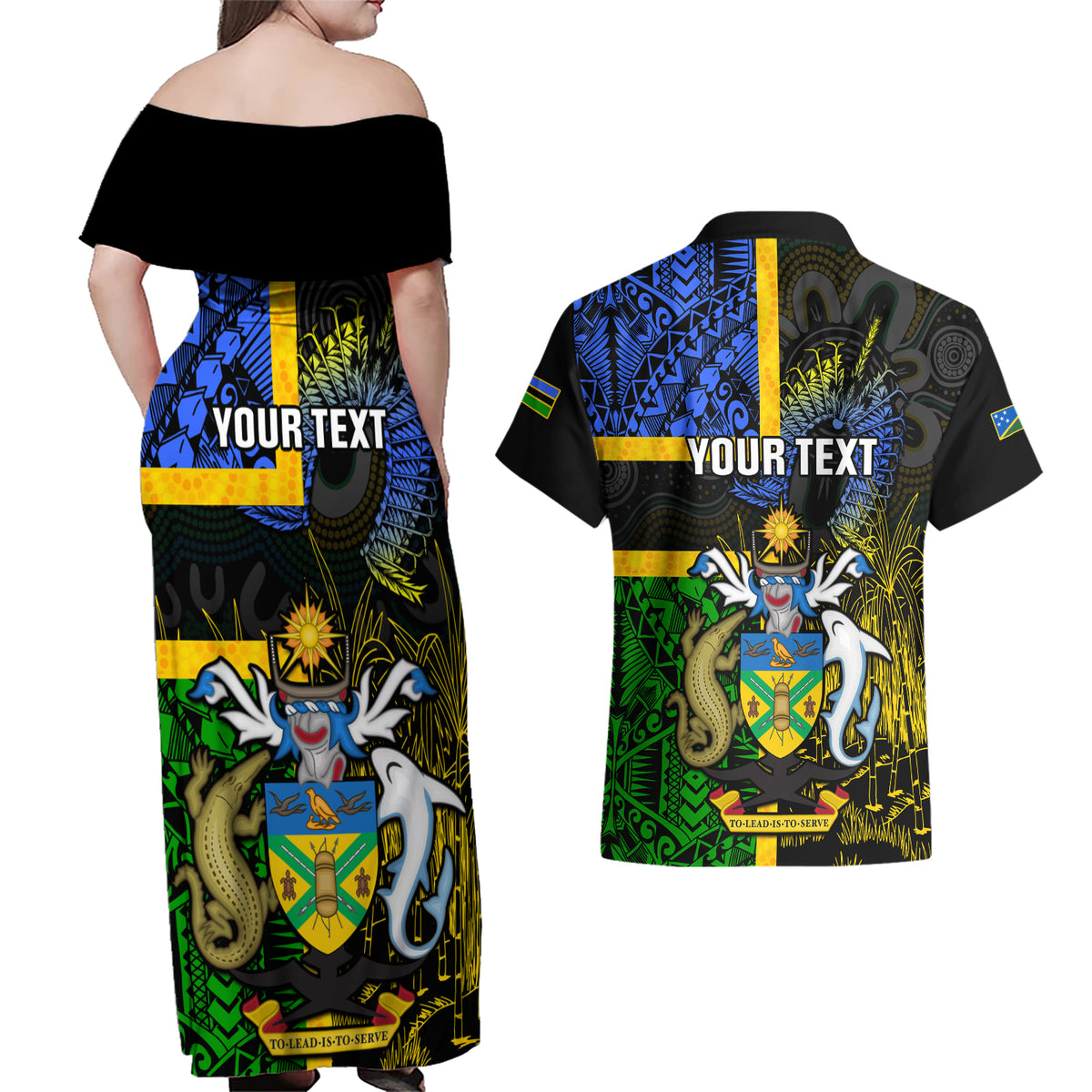 Personalised South Sea Islanders Couples Matching Off Shoulder Maxi Dress and Hawaiian Shirt Kanakas With Solomon Islands Coat Of Arms LT14 - Polynesian Pride