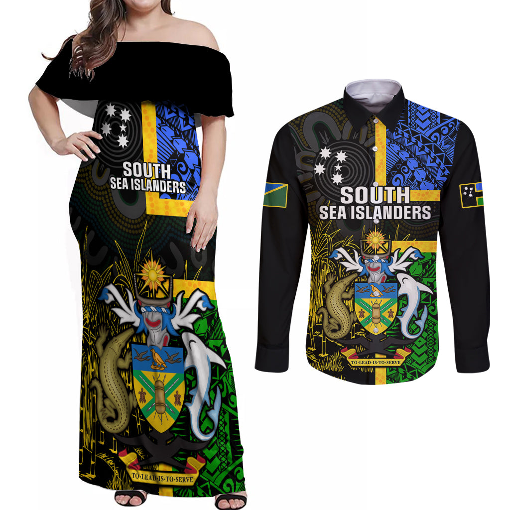 Personalised South Sea Islanders Couples Matching Off Shoulder Maxi Dress and Long Sleeve Button Shirts Kanakas With Solomon Islands Coat Of Arms LT14 Black - Polynesian Pride