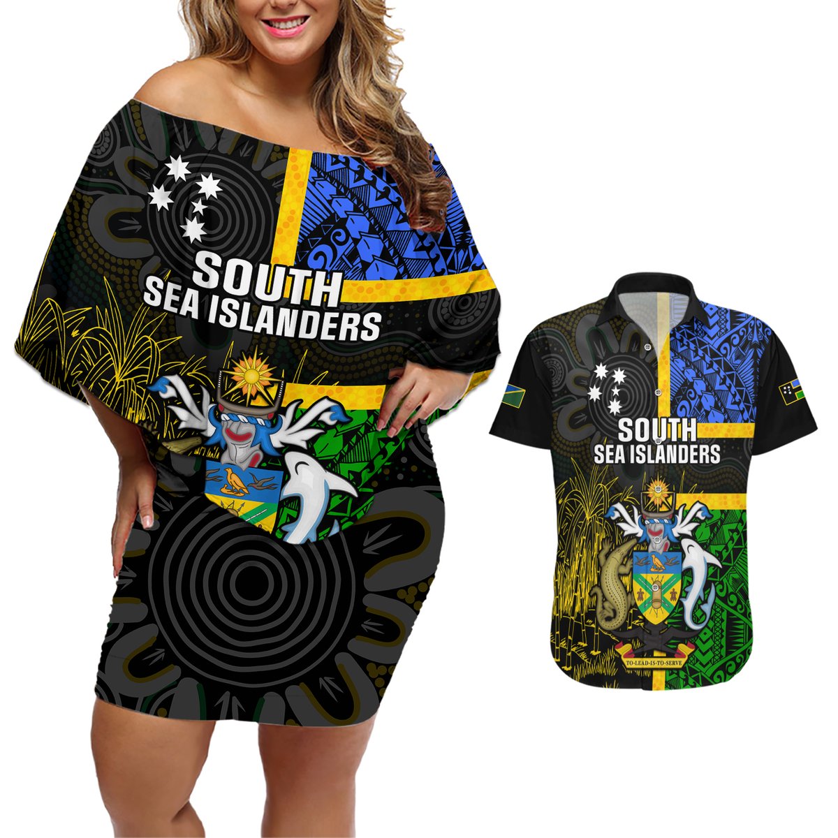 Personalised South Sea Islanders Couples Matching Off Shoulder Short Dress and Hawaiian Shirt Kanakas With Solomon Islands Coat Of Arms LT14 Black - Polynesian Pride