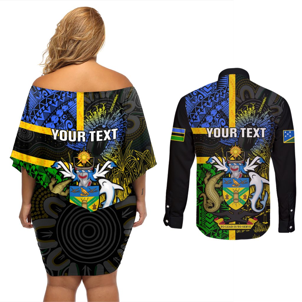 Personalised South Sea Islanders Couples Matching Off Shoulder Short Dress and Long Sleeve Button Shirts Kanakas With Solomon Islands Coat Of Arms LT14 - Polynesian Pride