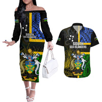 Personalised South Sea Islanders Couples Matching Off The Shoulder Long Sleeve Dress and Hawaiian Shirt Kanakas With Solomon Islands Coat Of Arms LT14 Black - Polynesian Pride