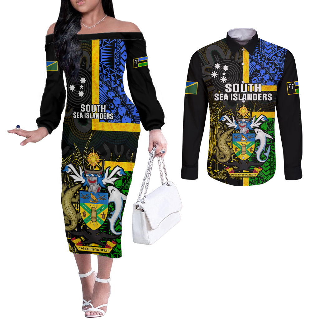 Personalised South Sea Islanders Couples Matching Off The Shoulder Long Sleeve Dress and Long Sleeve Button Shirts Kanakas With Solomon Islands Coat Of Arms LT14 Black - Polynesian Pride