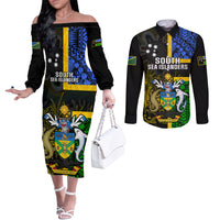 Personalised South Sea Islanders Couples Matching Off The Shoulder Long Sleeve Dress and Long Sleeve Button Shirts Kanakas With Solomon Islands Coat Of Arms LT14 Black - Polynesian Pride