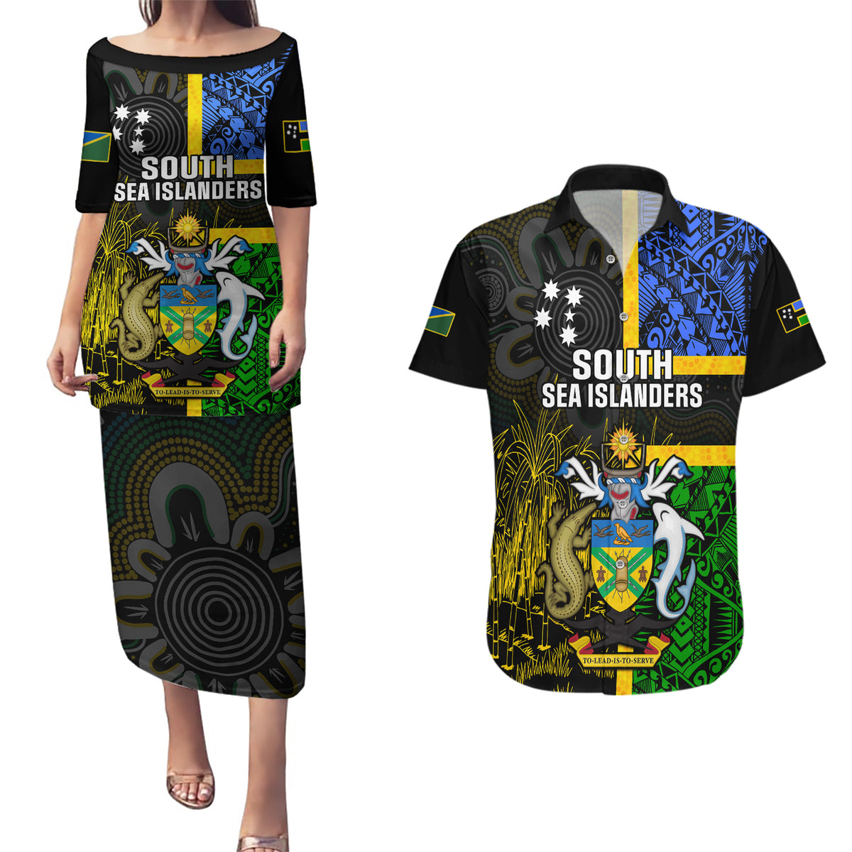 Personalised South Sea Islanders Couples Matching Puletasi Dress and Hawaiian Shirt Kanakas With Solomon Islands Coat Of Arms LT14 Black - Polynesian Pride