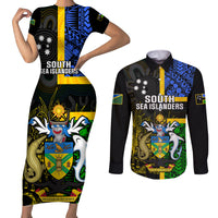 Personalised South Sea Islanders Couples Matching Short Sleeve Bodycon Dress and Long Sleeve Button Shirts Kanakas With Solomon Islands Coat Of Arms LT14 Black - Polynesian Pride