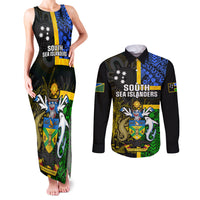 Personalised South Sea Islanders Couples Matching Tank Maxi Dress and Long Sleeve Button Shirts Kanakas With Solomon Islands Coat Of Arms LT14 Black - Polynesian Pride