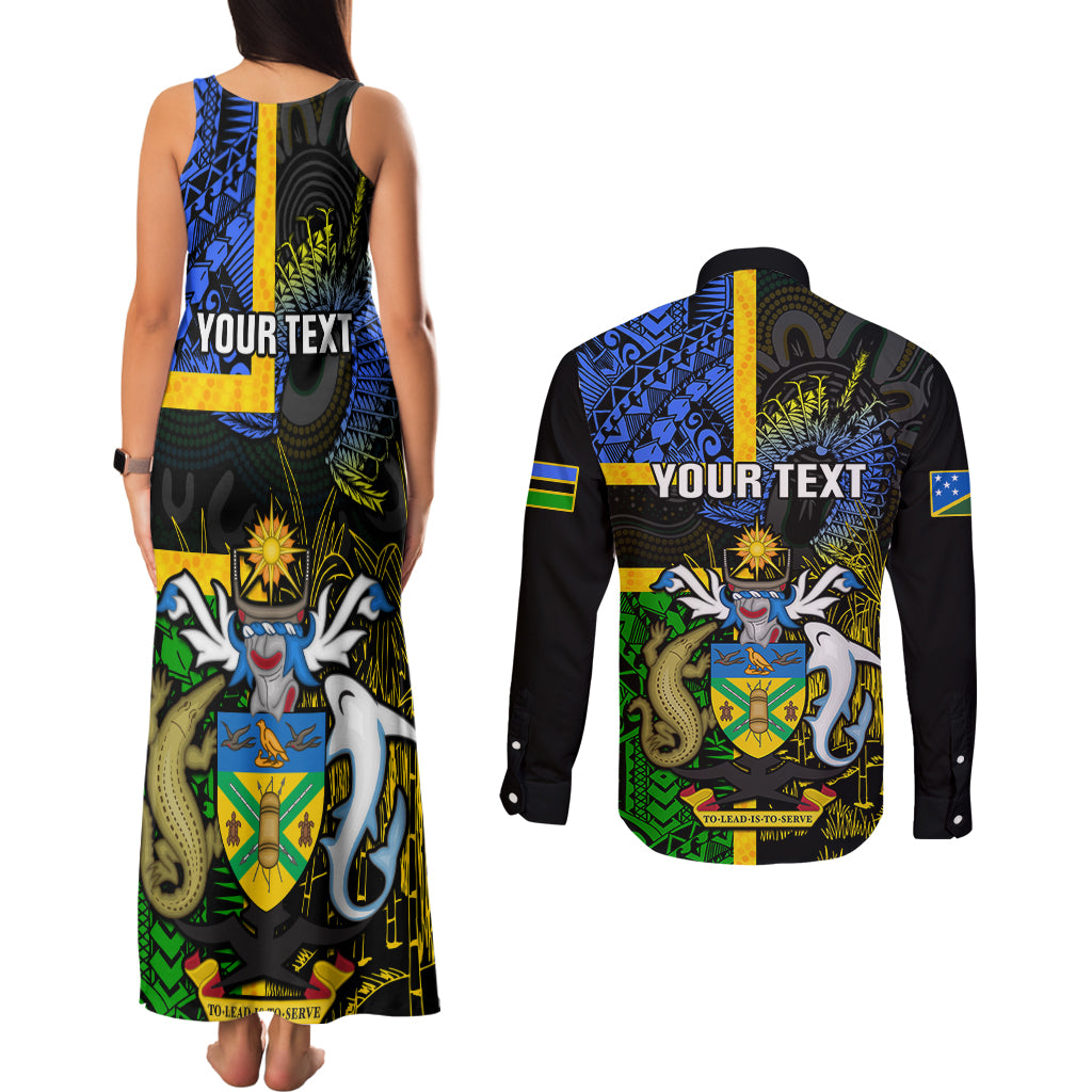Personalised South Sea Islanders Couples Matching Tank Maxi Dress and Long Sleeve Button Shirts Kanakas With Solomon Islands Coat Of Arms LT14 - Polynesian Pride