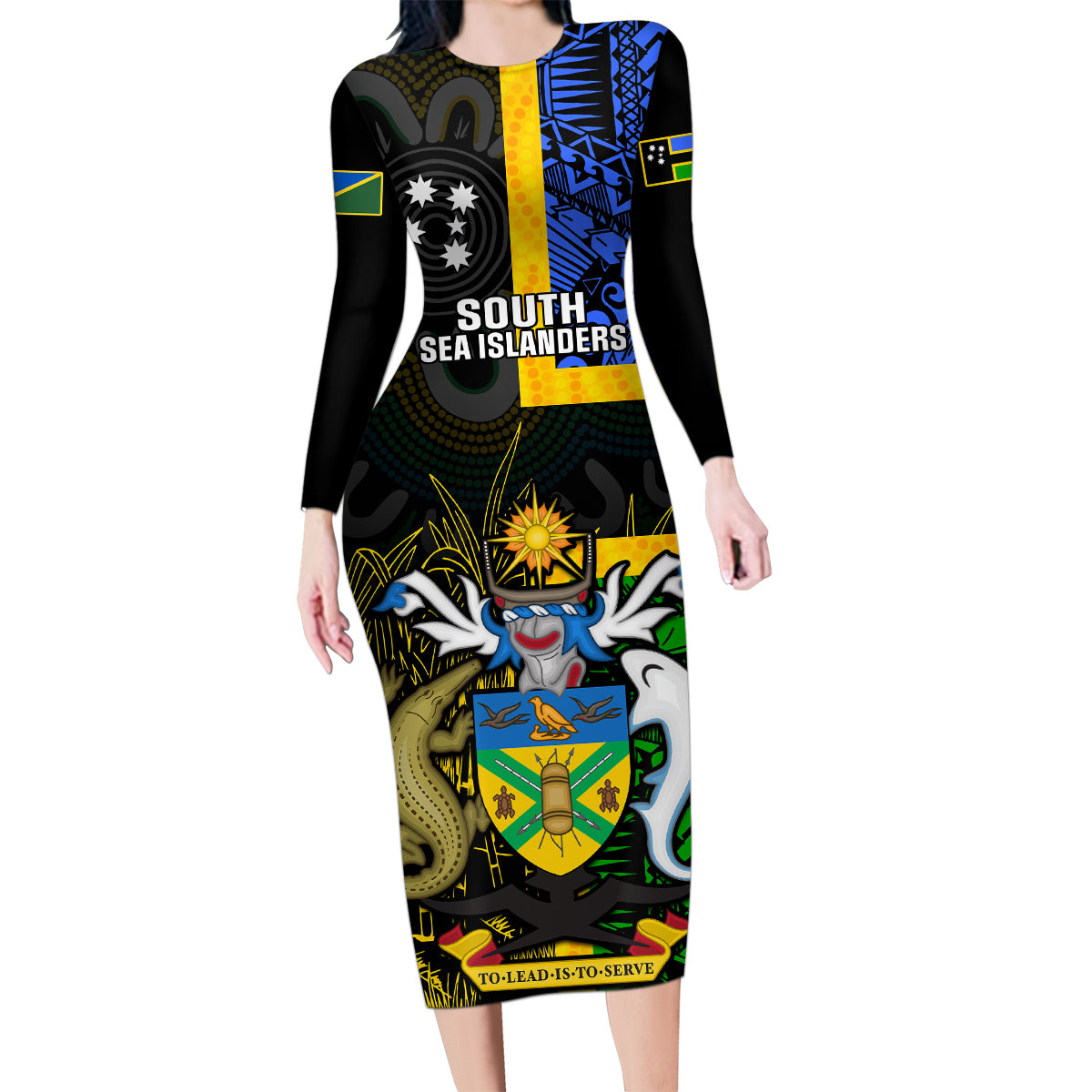 Personalised South Sea Islanders Family Matching Long Sleeve Bodycon Dress and Hawaiian Shirt Kanakas With Solomon Islands Coat Of Arms LT14 Mom's Dress Black - Polynesian Pride