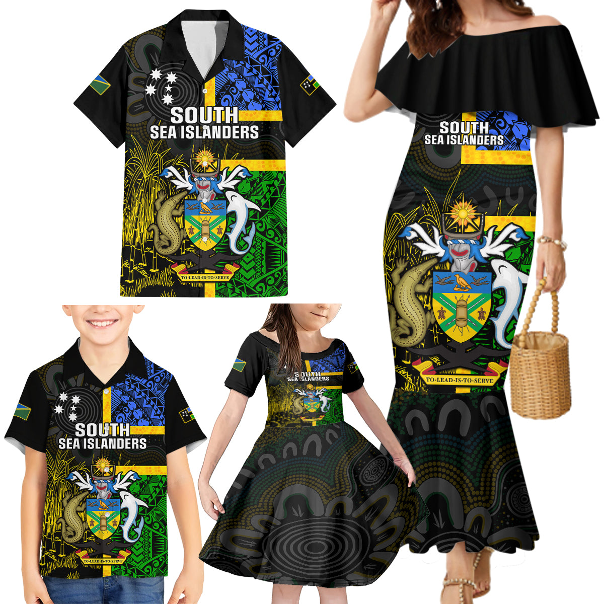 Personalised South Sea Islanders Family Matching Mermaid Dress and Hawaiian Shirt Kanakas With Solomon Islands Coat Of Arms LT14 - Polynesian Pride