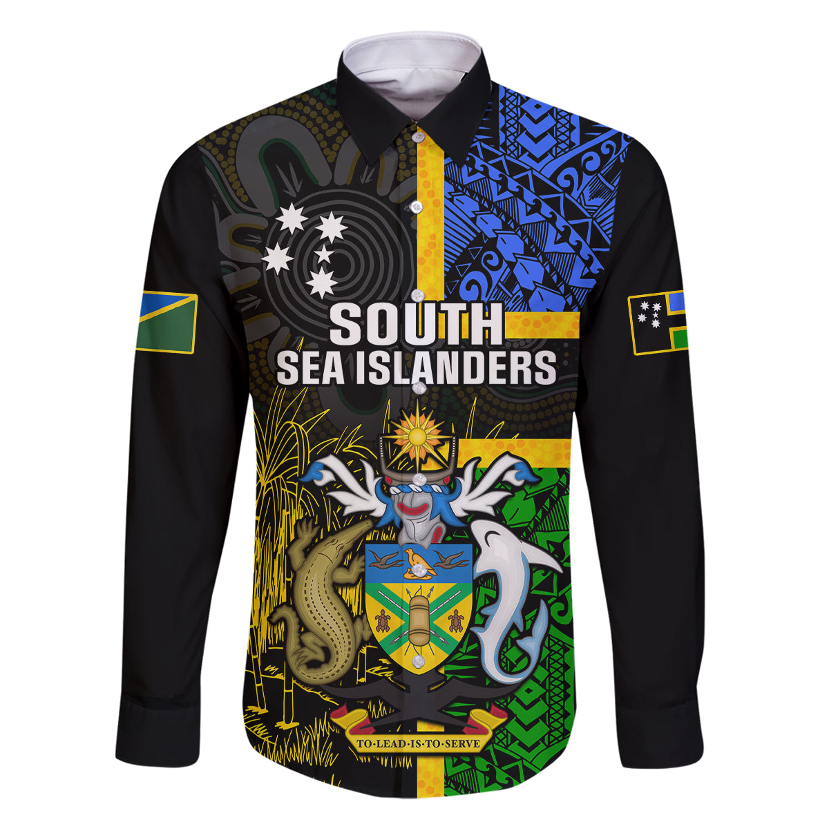 Personalised South Sea Islanders Family Matching Mermaid Dress and Hawaiian Shirt Kanakas With Solomon Islands Coat Of Arms LT14 Dad's Shirt - Long Sleeve Black - Polynesian Pride