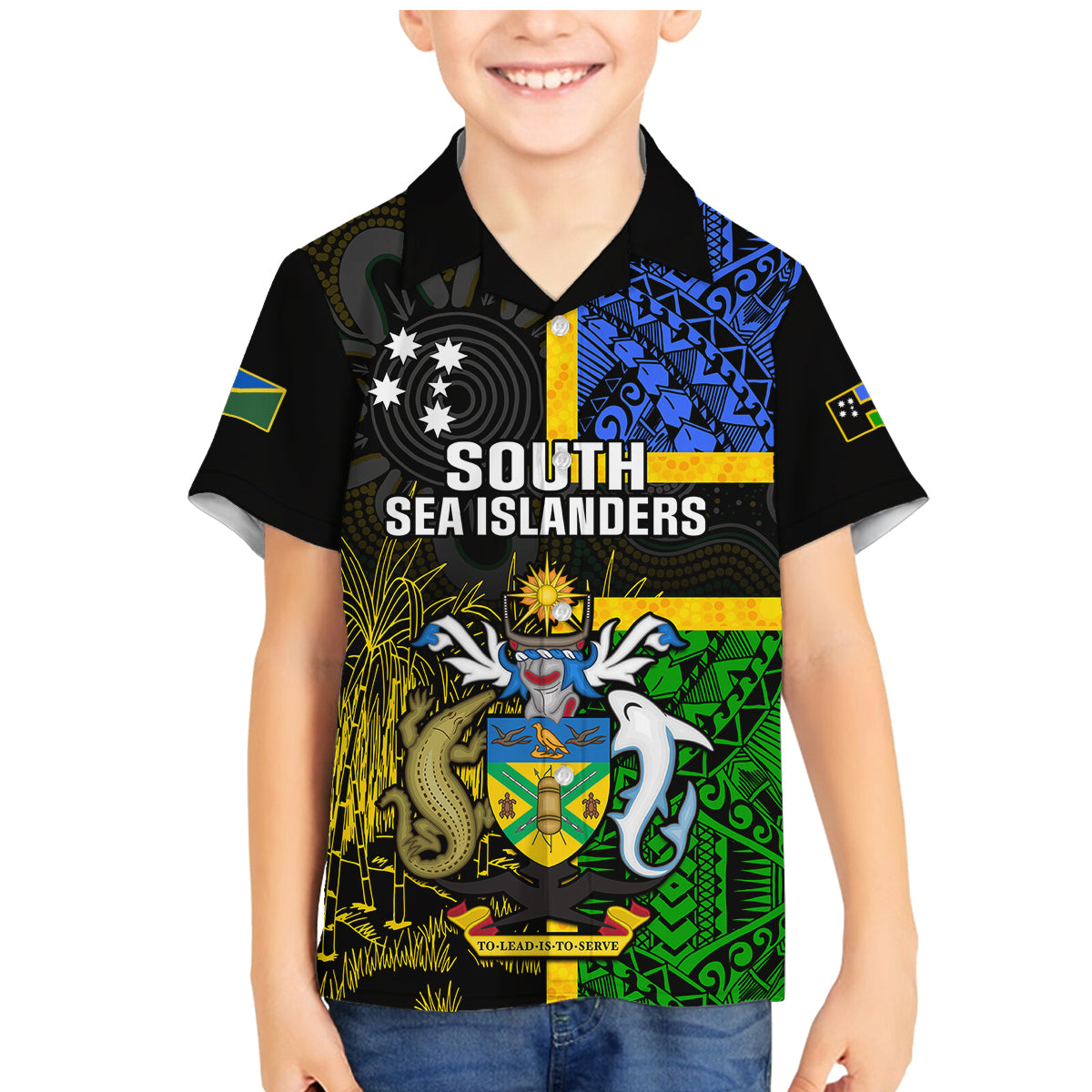Personalised South Sea Islanders Family Matching Mermaid Dress and Hawaiian Shirt Kanakas With Solomon Islands Coat Of Arms LT14 Son's Shirt Black - Polynesian Pride