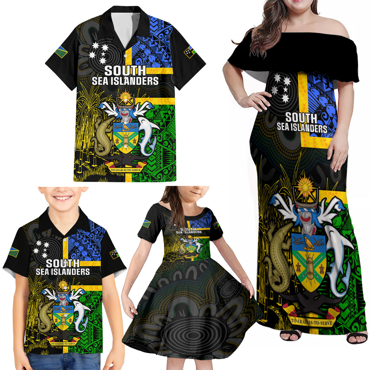 Personalised South Sea Islanders Family Matching Off Shoulder Maxi Dress and Hawaiian Shirt Kanakas With Solomon Islands Coat Of Arms LT14 - Polynesian Pride