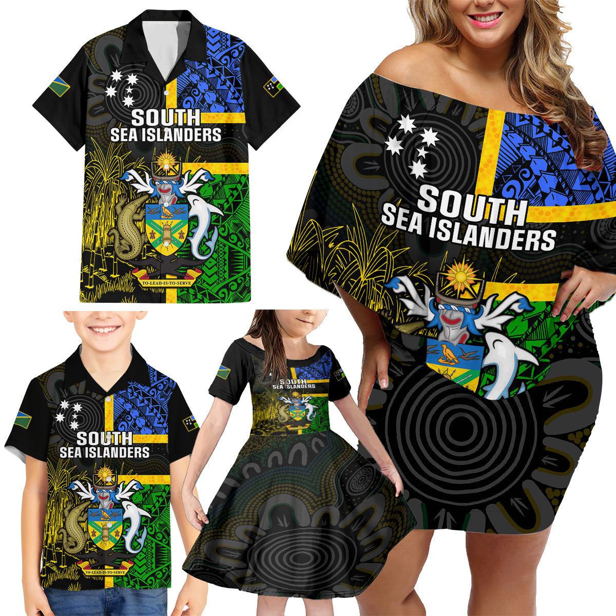 Personalised South Sea Islanders Family Matching Off Shoulder Short Dress and Hawaiian Shirt Kanakas With Solomon Islands Coat Of Arms LT14 - Polynesian Pride