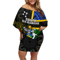Personalised South Sea Islanders Family Matching Off Shoulder Short Dress and Hawaiian Shirt Kanakas With Solomon Islands Coat Of Arms LT14 Mom's Dress Black - Polynesian Pride