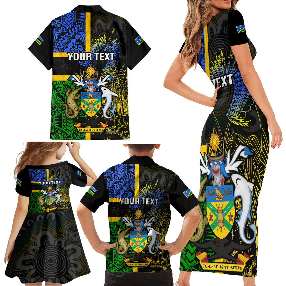 Personalised South Sea Islanders Family Matching Short Sleeve Bodycon Dress and Hawaiian Shirt Kanakas With Solomon Islands Coat Of Arms LT14 - Polynesian Pride