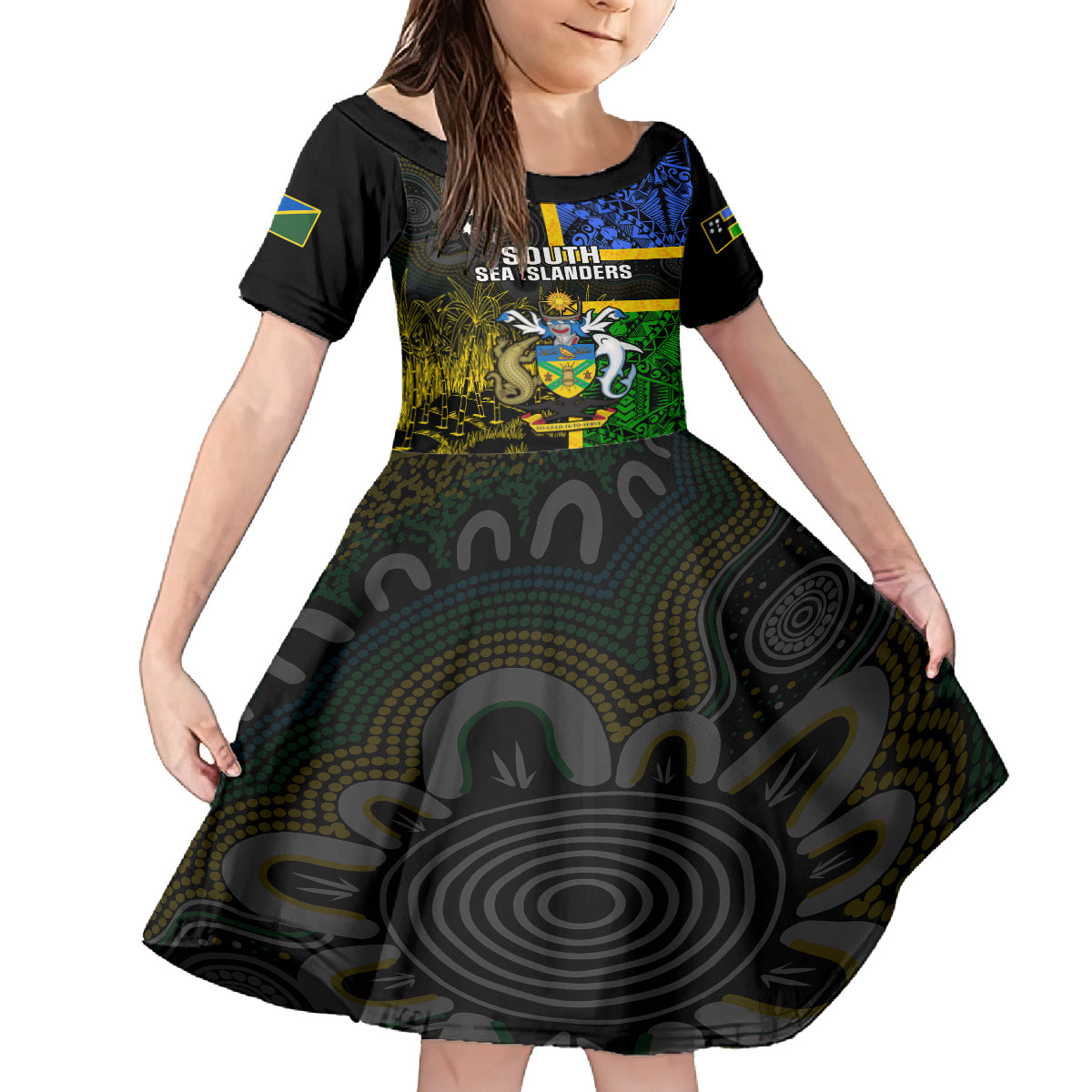 Personalised South Sea Islanders Family Matching Summer Maxi Dress and Hawaiian Shirt Kanakas With Solomon Islands Coat Of Arms LT14 Daughter's Dress Black - Polynesian Pride