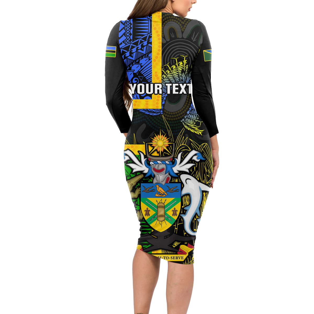 Personalised South Sea Islanders Long Sleeve Bodycon Dress Kanakas With Solomon Islands Coat Of Arms LT14 - Polynesian Pride