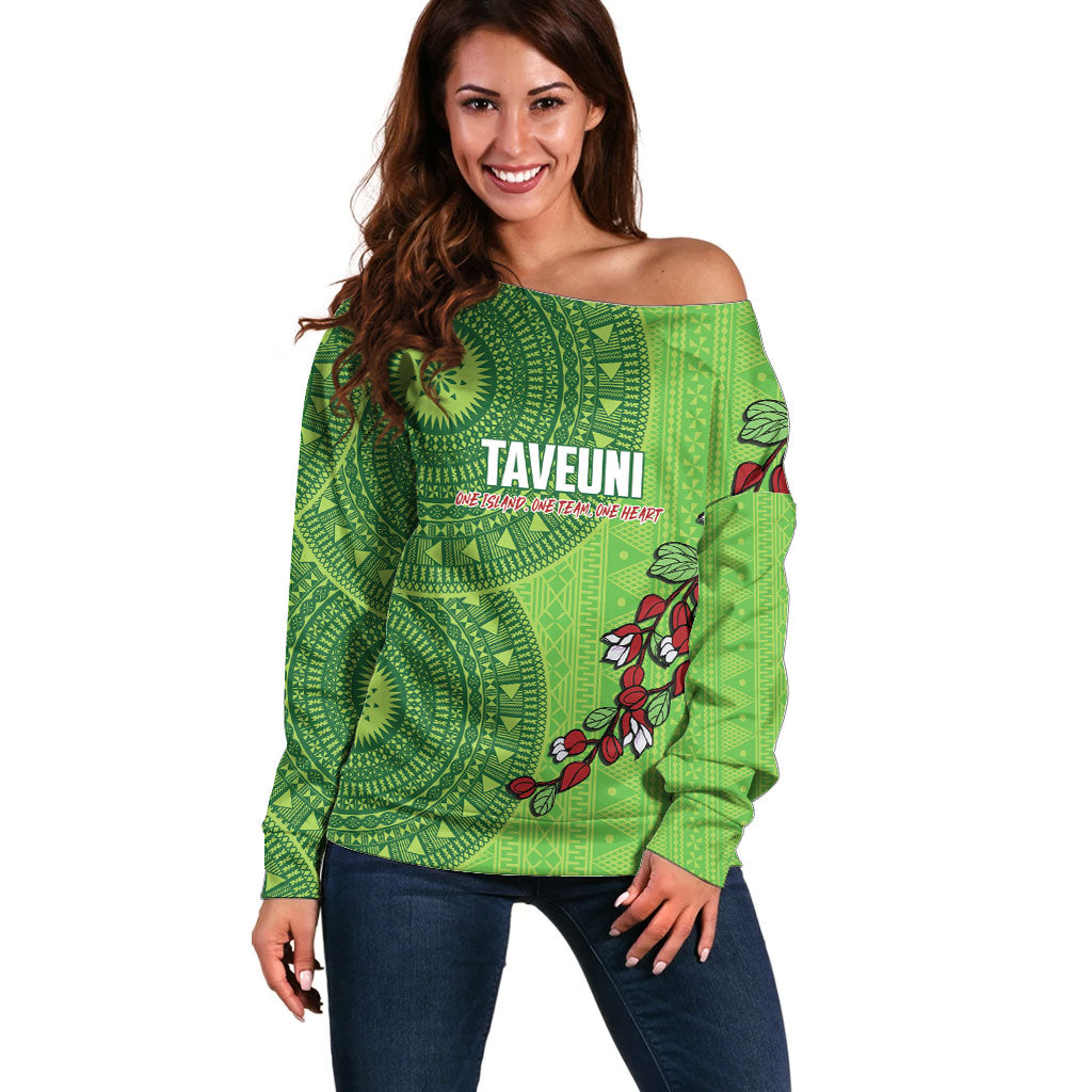 Taveuni Fiji 2026 Rugby Custom Off Shoulder Sweater Tagimoucia Fijian Tapa Pattern LT14 Women Green - Polynesian Pride