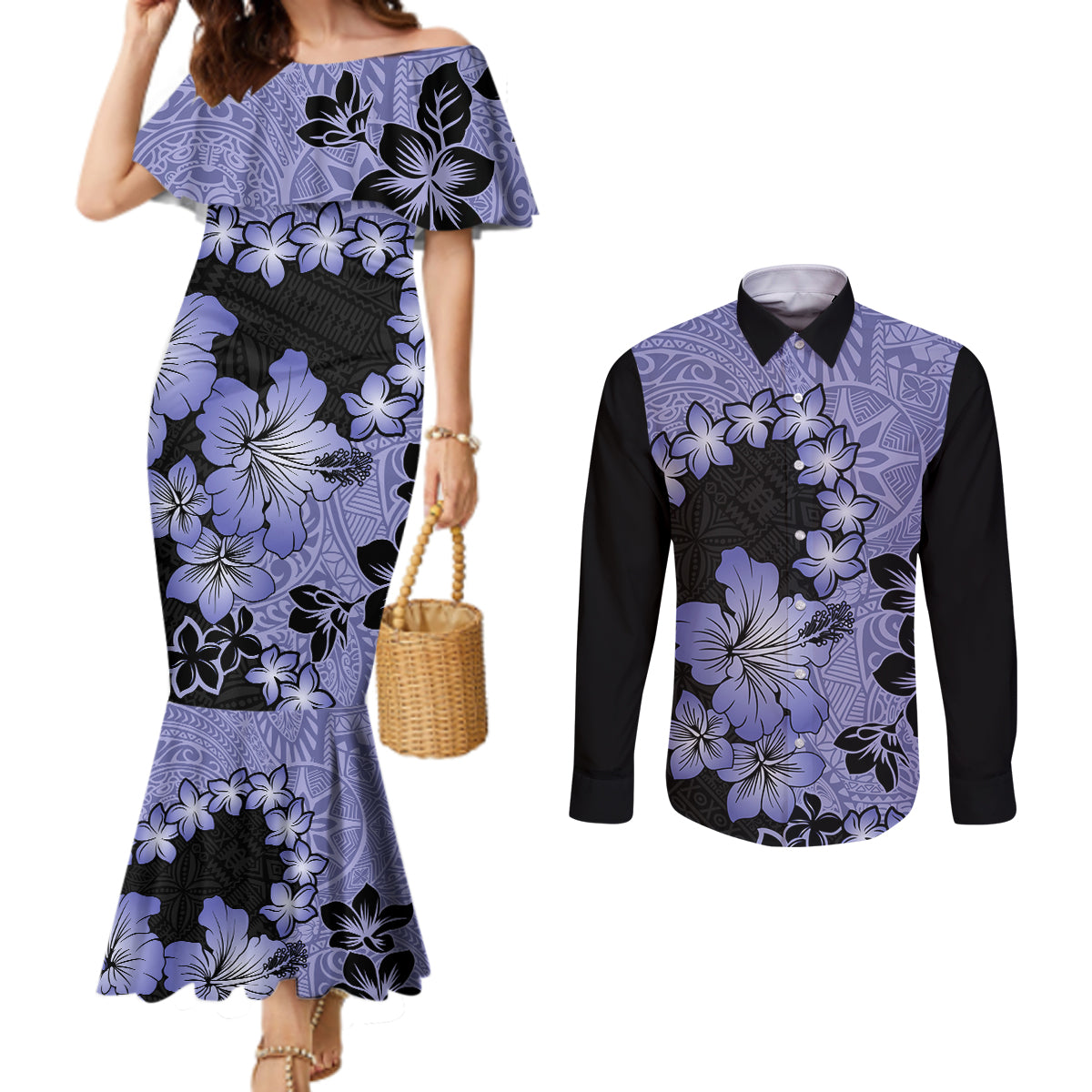 Purple Hawaii Couples Matching Mermaid Dress and Long Sleeve Button Shirt Tapa Cloth Mix Tropical Flowers Pastel Vibes LT14 Purple - Polynesian Pride