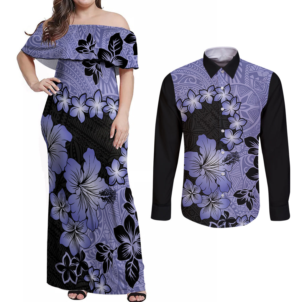 Purple Hawaii Couples Matching Off Shoulder Maxi Dress and Long Sleeve Button Shirt Tapa Cloth Mix Tropical Flowers Pastel Vibes LT14 Purple - Polynesian Pride