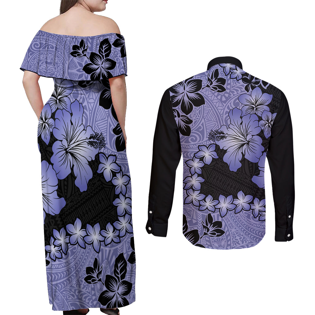 Purple Hawaii Couples Matching Off Shoulder Maxi Dress and Long Sleeve Button Shirt Tapa Cloth Mix Tropical Flowers Pastel Vibes LT14 - Polynesian Pride