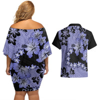 Purple Hawaii Couples Matching Off Shoulder Short Dress and Hawaiian Shirt Tapa Cloth Mix Tropical Flowers Pastel Vibes LT14 - Polynesian Pride