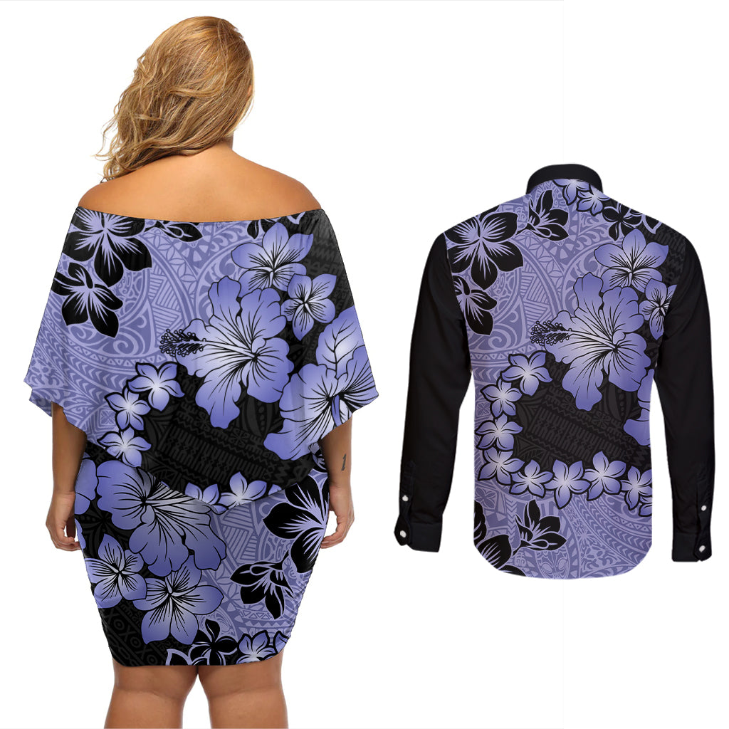 Purple Hawaii Couples Matching Off Shoulder Short Dress and Long Sleeve Button Shirt Tapa Cloth Mix Tropical Flowers Pastel Vibes LT14 - Polynesian Pride