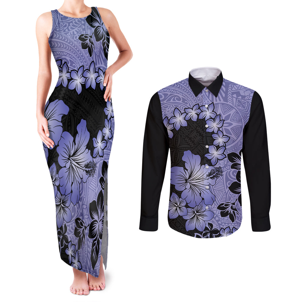 Purple Hawaii Couples Matching Tank Maxi Dress and Long Sleeve Button Shirt Tapa Cloth Mix Tropical Flowers Pastel Vibes LT14 Purple - Polynesian Pride