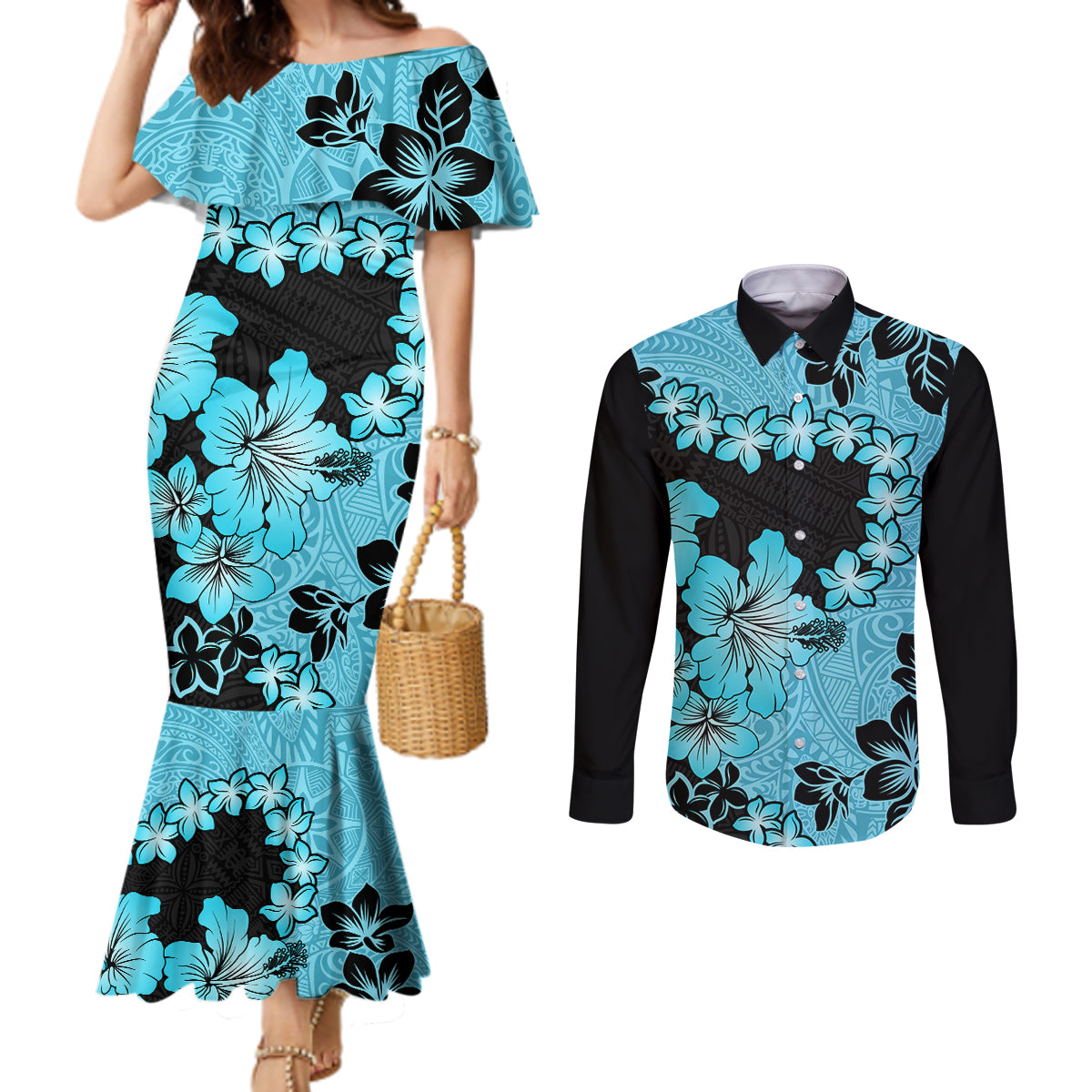 Blue Hawaii Couples Matching Mermaid Dress and Long Sleeve Button Shirt Tapa Cloth Mix Tropical Flowers Pastel Vibes LT14 Blue - Polynesian Pride