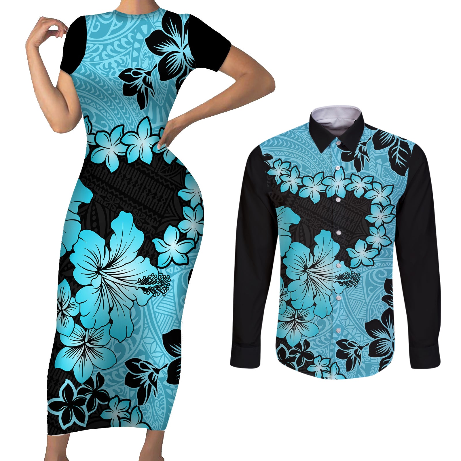 Blue Hawaii Couples Matching Short Sleeve Bodycon Dress and Long Sleeve Button Shirt Tapa Cloth Mix Tropical Flowers Pastel Vibes LT14 Blue - Polynesian Pride