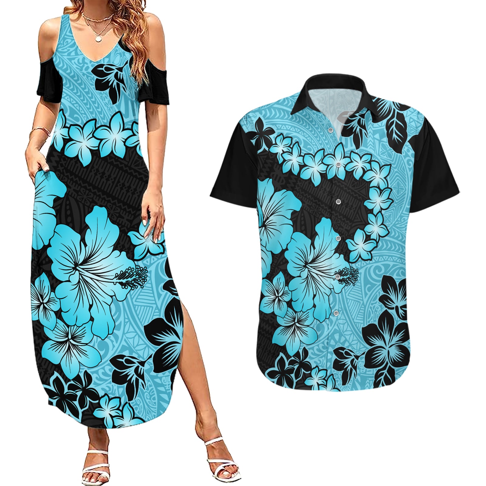 Blue Hawaii Couples Matching Summer Maxi Dress and Hawaiian Shirt Tapa Cloth Mix Tropical Flowers Pastel Vibes LT14 Blue - Polynesian Pride