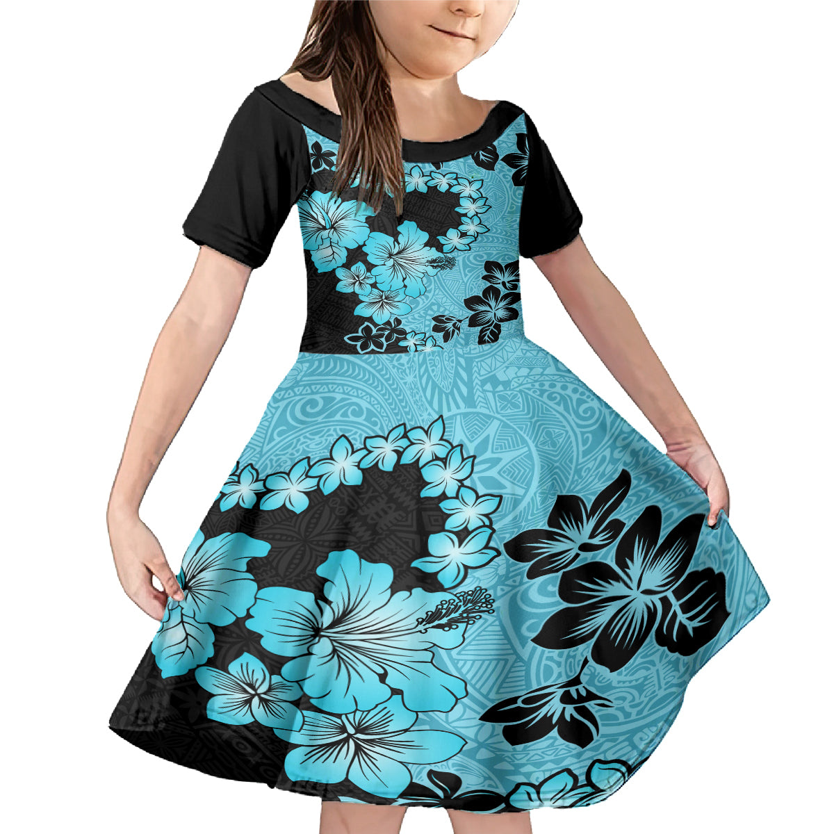 Blue Hawaii Family Matching Mermaid Dress and Hawaiian Shirt Tapa Cloth Mix Tropical Flowers Pastel Vibes LT14 Daughter's Dress Blue - Polynesian Pride