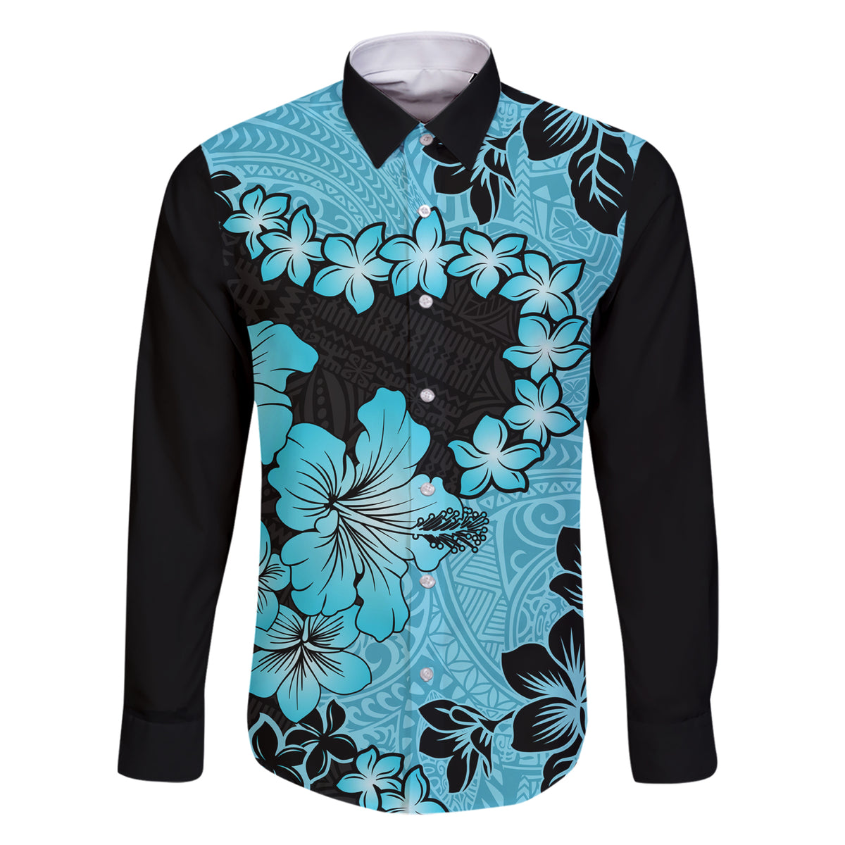 Blue Hawaii Family Matching Short Sleeve Bodycon Dress and Hawaiian Shirt Tapa Cloth Mix Tropical Flowers Pastel Vibes LT14 Dad's Shirt - Long Sleeve Blue - Polynesian Pride