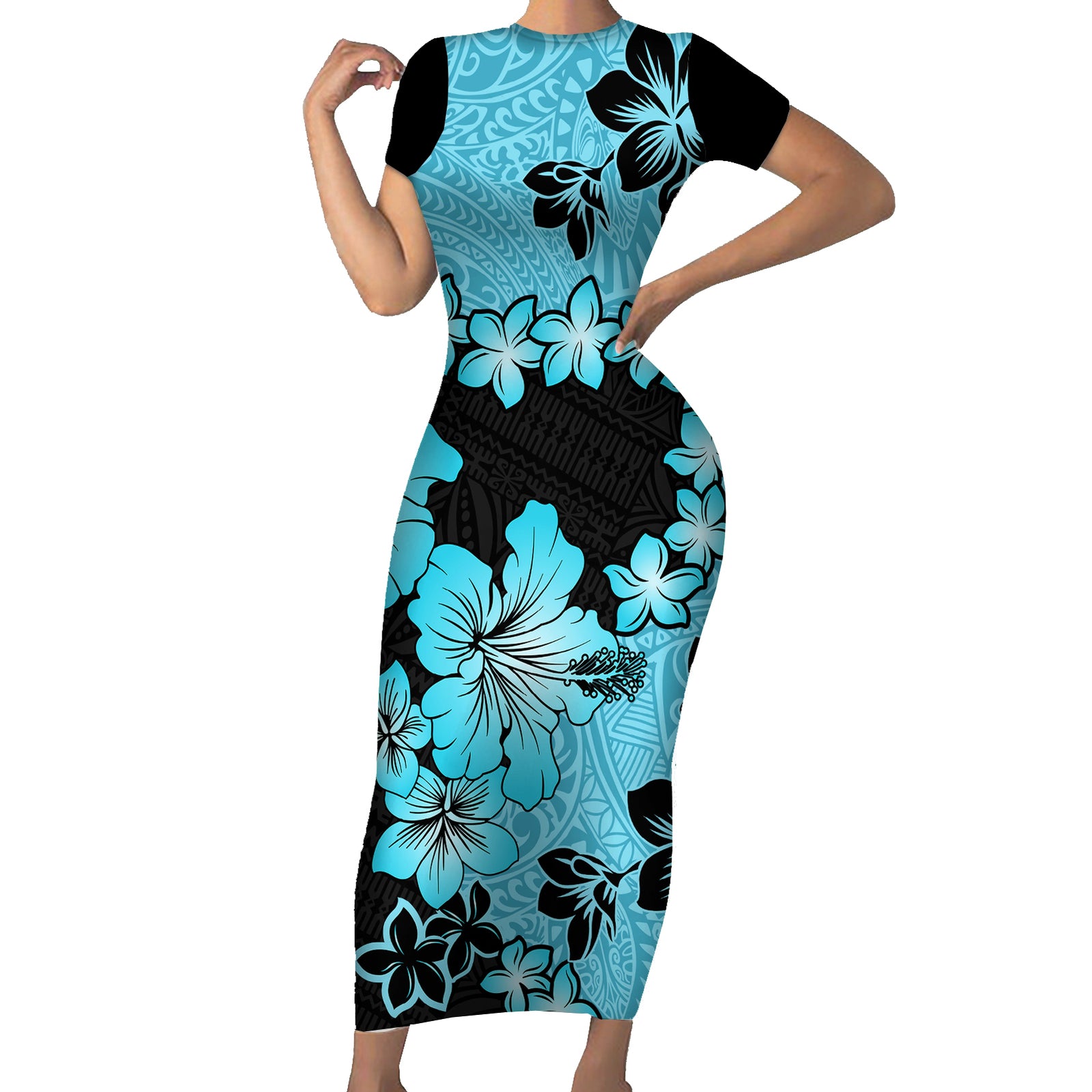 Blue Hawaii Short Sleeve Bodycon Dress Tapa Cloth Mix Tropical Flowers Pastel Vibes LT14 Long Dress Blue - Polynesian Pride