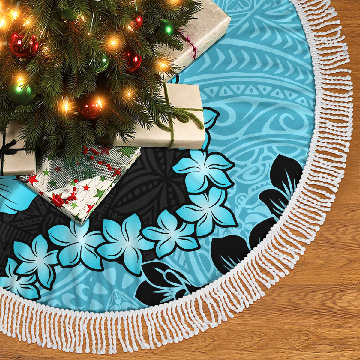 Blue Hawaii Tree Skirt Tapa Cloth Mix Tropical Flowers Pastel Vibes LT14 - Polynesian Pride