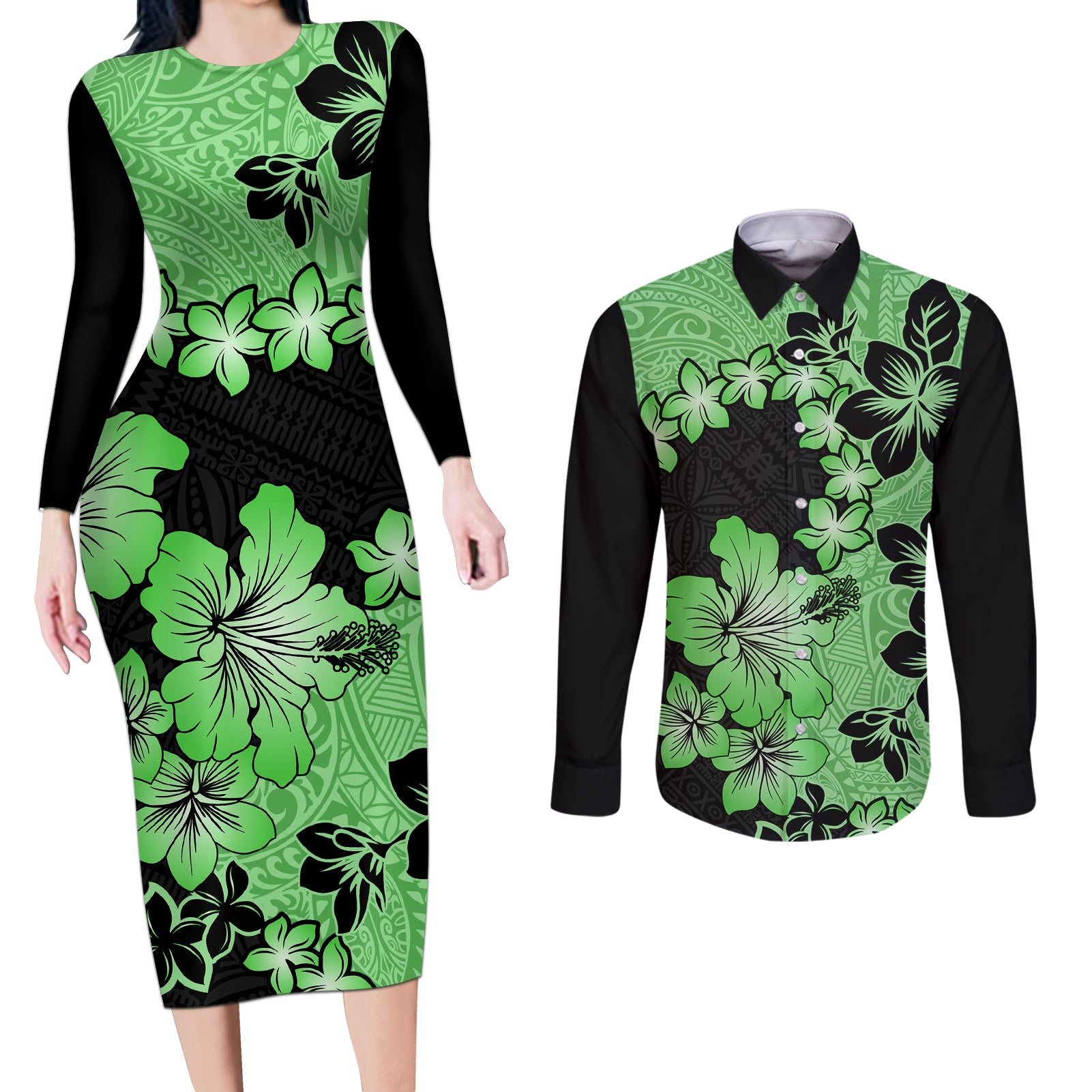 Green Hawaii Couples Matching Long Sleeve Bodycon Dress and Long Sleeve Button Shirt Tapa Cloth Mix Tropical Flowers Pastel Vibes LT14 Green - Polynesian Pride