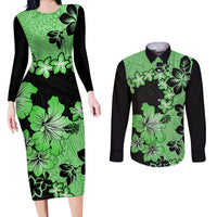 Green Hawaii Couples Matching Long Sleeve Bodycon Dress and Long Sleeve Button Shirt Tapa Cloth Mix Tropical Flowers Pastel Vibes LT14 Green - Polynesian Pride