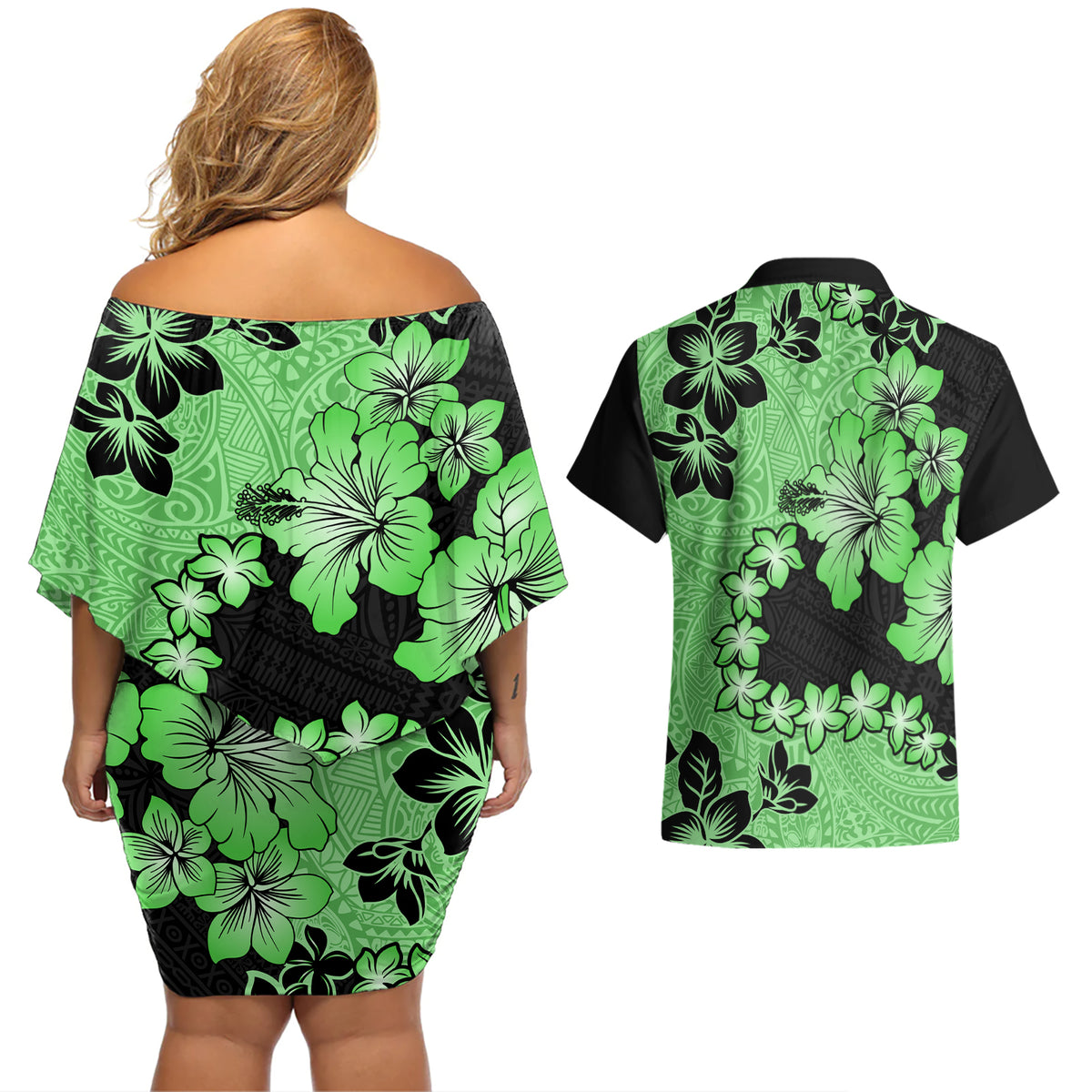 Green Hawaii Couples Matching Off Shoulder Short Dress and Hawaiian Shirt Tapa Cloth Mix Tropical Flowers Pastel Vibes LT14 - Polynesian Pride