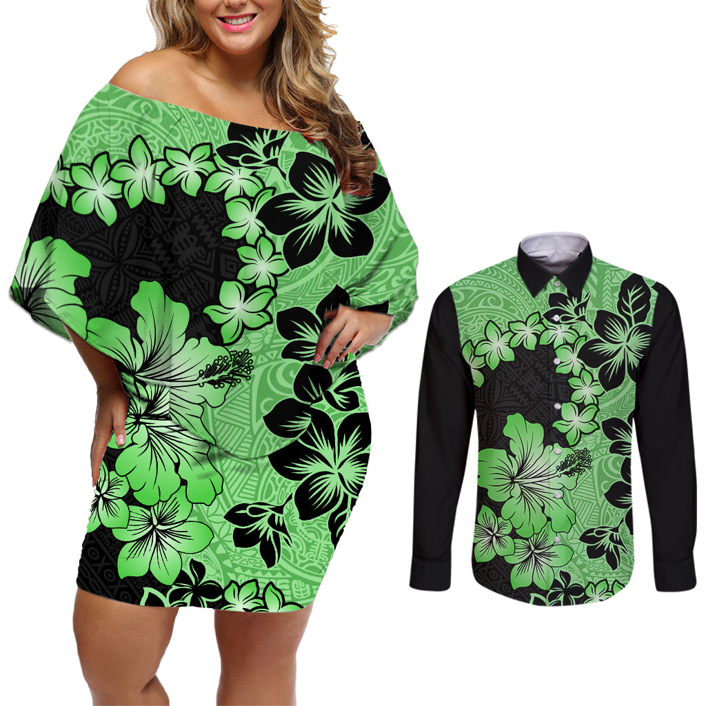 Green Hawaii Couples Matching Off Shoulder Short Dress and Long Sleeve Button Shirt Tapa Cloth Mix Tropical Flowers Pastel Vibes LT14 Green - Polynesian Pride
