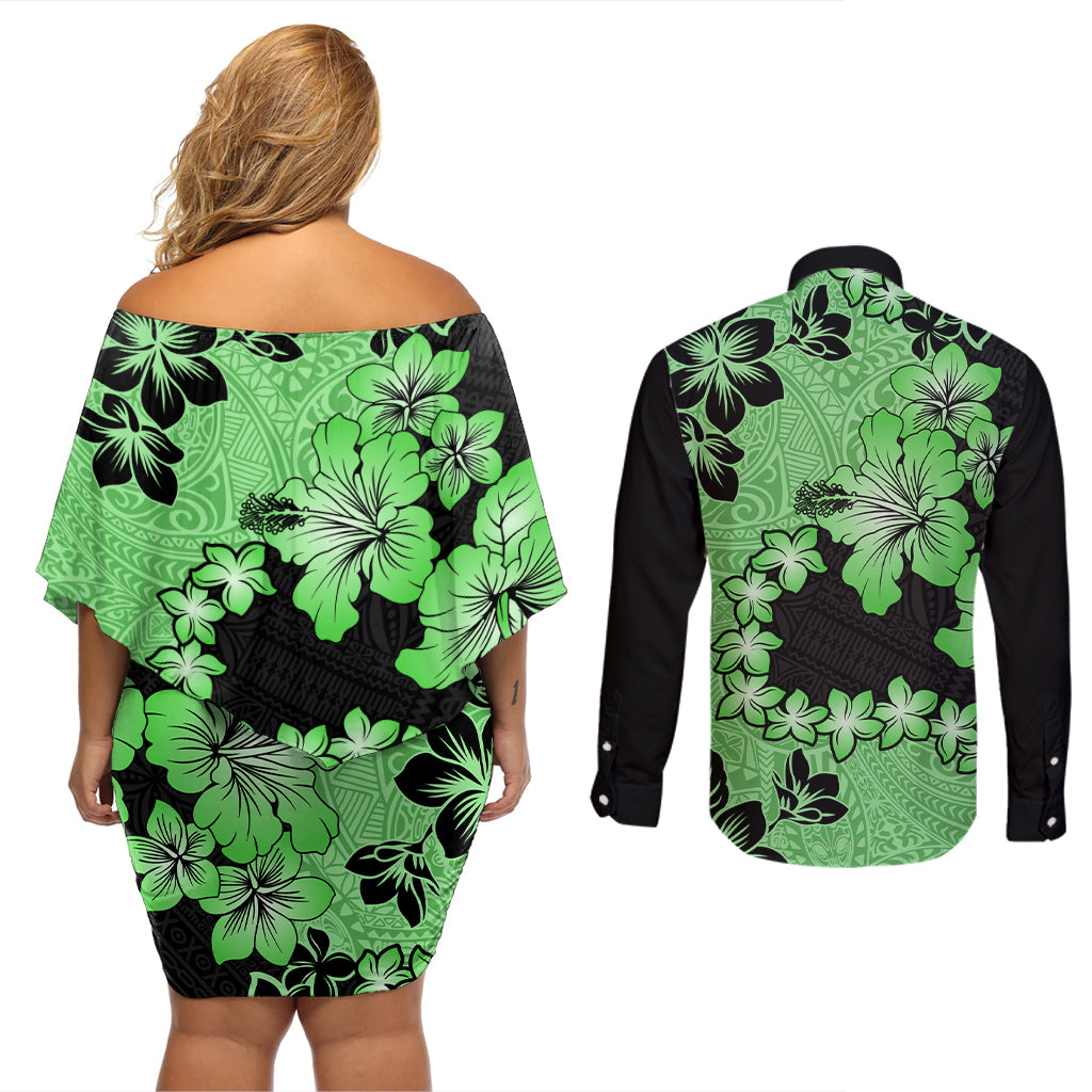 Green Hawaii Couples Matching Off Shoulder Short Dress and Long Sleeve Button Shirt Tapa Cloth Mix Tropical Flowers Pastel Vibes LT14 - Polynesian Pride