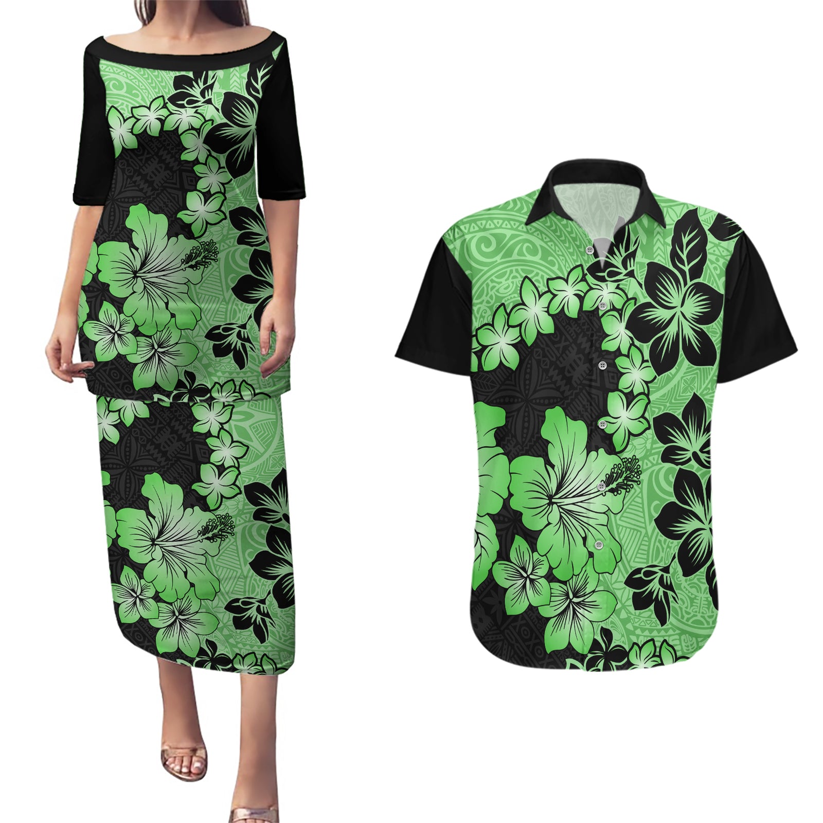 Green Hawaii Couples Matching Puletasi Dress and Hawaiian Shirt Tapa Cloth Mix Tropical Flowers Pastel Vibes LT14 Green - Polynesian Pride