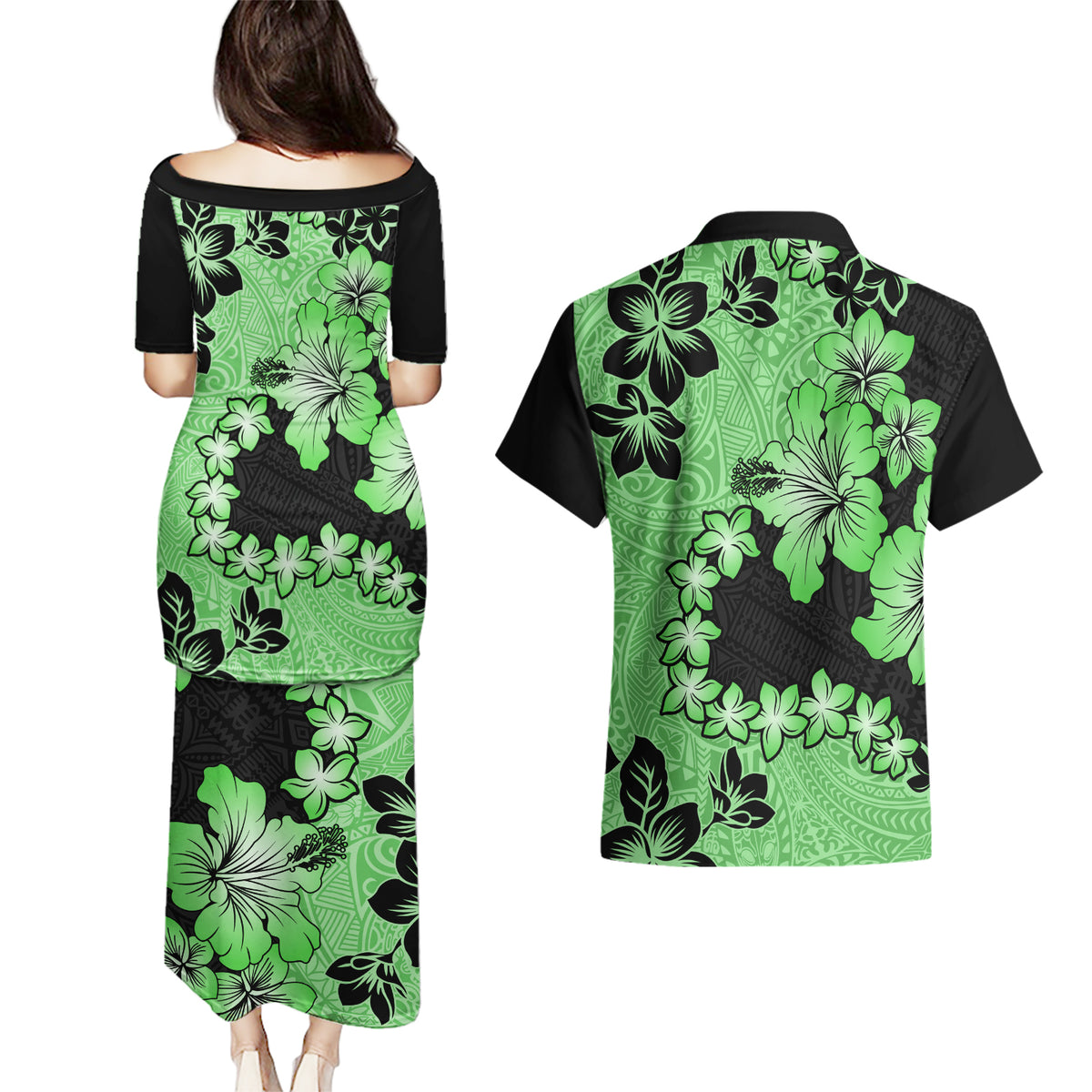 Green Hawaii Couples Matching Puletasi Dress and Hawaiian Shirt Tapa Cloth Mix Tropical Flowers Pastel Vibes LT14 - Polynesian Pride