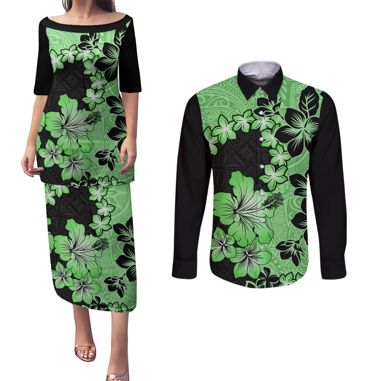Green Hawaii Couples Matching Puletasi Dress and Long Sleeve Button Shirt Tapa Cloth Mix Tropical Flowers Pastel Vibes LT14 Green - Polynesian Pride